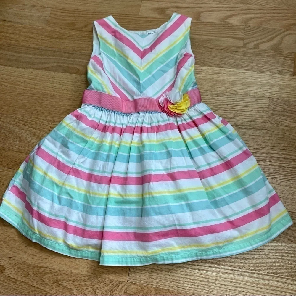 Carter’s Striped Summer Dress Floral Appliqué 3T Green Blue Pink White